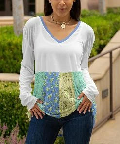 Lily | White & Green Floral Patchwork Long-Sleeve V-Neck Tunic - Women
