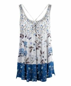Lily | Blue & White Floral Color Block Shirred Cross-Back Sleeveless Tunic - Women & Plus