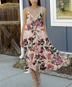 Lily | Beige & Mauve Floral Sleeveless V-Neck Maxi Dress - Plus