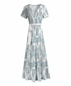 Lily | White & Blue Belted Surplice Maxi Dress - Women