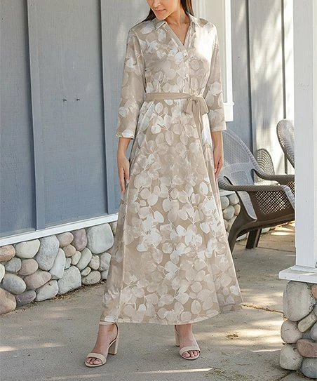 Lily | Mocha & White Petal Button-Front Tie-Waist Maxi Dress - Plus 1 Lily | Mocha & White Petal Button-Front Tie-Waist Maxi Dress - Plus