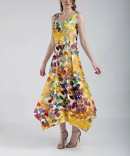 Lily | Gold & Purple Abstract Sleeveless Handkerchief Maxi Dress - Plus 1 Lily | Gold & Purple Abstract Sleeveless Handkerchief Maxi Dress - Plus