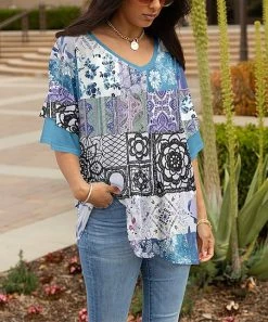 Lily | White & Blue Floral Patchwork V-Neck Tunic - Plus