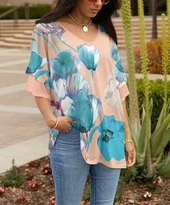 Lily | Beige & Blue Floral V-Neck Tunic - Plus