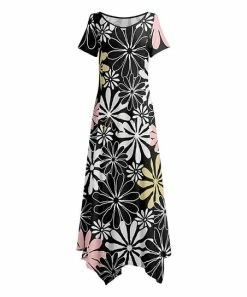 Lily | Black & Pink Floral Short-Sleeve Maxi Handkerchief Dress - Plus
