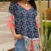 Lily | Navy & Coral Floral Layered-Sleeve V-Neck Tunic - Women