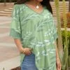 Lily | Turquoise & Teal Leaves Ruffle-Sleeve V-Neck Tunic - Women