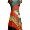Lily | Orange & Green Brushstroke Cap-Sleeve A-Line Dress - Women