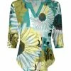 Lily | Yellow & Turquoise Floral Curved-Hem Notch Neck Top - Women