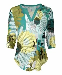 Lily | Yellow & Turquoise Floral Curved-Hem Notch Neck Top - Women