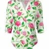 Lily | Green & Pink Floral Curved-Hem Notch Neck Top - Women