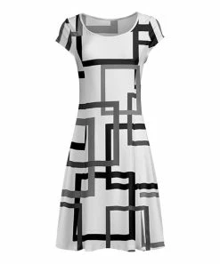 Lily | White & Black Geometric Cap-Sleeve A-Line Dress - Women