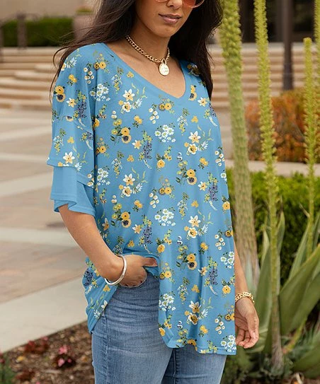 Lily | Blue & Yellow Floral Layered Short-Sleeve V-Neck Tunic - Plus 1 Lily | Blue & Yellow Floral Layered Short-Sleeve V-Neck Tunic - Plus