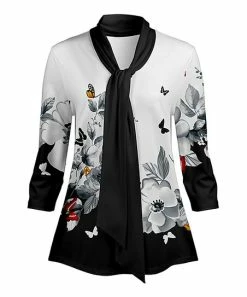 Lily | Black & Gray Floral Butterfly Tie-Neck Tunic - Women