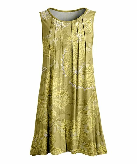 Lily | Olive & Yellow Butterfly Pleated Sleeveless Tunic - Women 1 Lily | Olive & Yellow Butterfly Pleated Sleeveless Tunic - Women