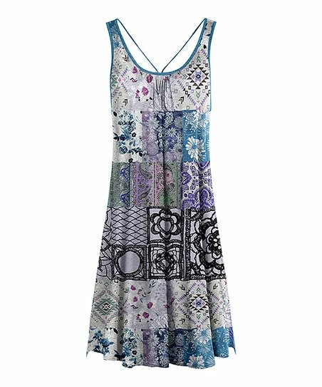 Lily | Blue & Lavender Patchwork Crisscross Back Pleated Dress - Plus 1 Lily | Blue & Lavender Patchwork Crisscross Back Pleated Dress - Plus