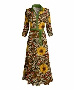 Lily | Gold & Brown Leopard Sunflower Belted Maxi Shirt Dress - Women