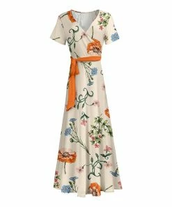 Lily | Cream & Orange Floral Belted Surplice Maxi Dress - Women & Plus