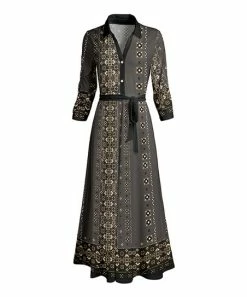 Lily | Black & Gray Geometric Belted Maxi Shirt Dress - Plus