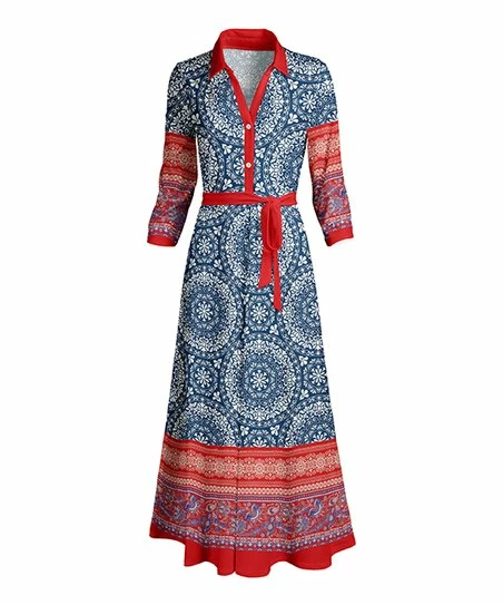 Lily | Blue & Red Medallion Belted Maxi Shirt Dress - Plus 1 Lily | Blue & Red Medallion Belted Maxi Shirt Dress - Plus