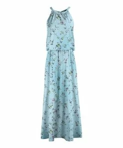Lily | Blue & Green Floral Branches Halter Maxi Dress - Women