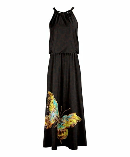 Lily | Brown & Yellow Butterfly Halter Maxi Dress - Women 1 Lily | Brown & Yellow Butterfly Halter Maxi Dress - Women