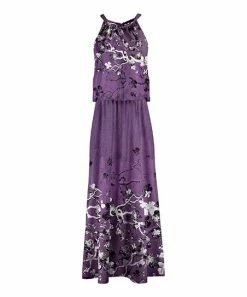 Lily | Purple & Black Floral Branches Halter Maxi Dress - Women