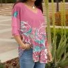 Lily | Pink & Turquoise Floral Paisley Ruffle-Sleeve V-Neck Tunic - Plus