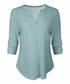 Lily | Teal & White Pin Dot Long-Sleeve V-Neck Top - Women
