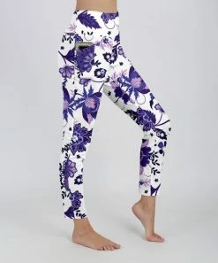Lily | White & Purple Floral Pocket Leggings - Plus