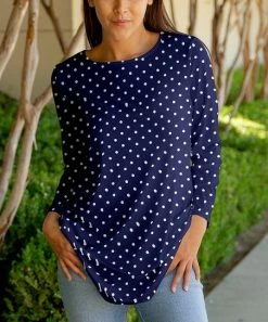 Lily | Blue & White Polka Dot Three-Quarter Sleeve Crewneck Tunic - Women & Plus