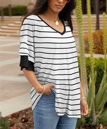Lily | White & Black Stripe Layered Half-Sleeve V-Neck Tunic - Plus 1 Lily | White & Black Stripe Layered Half-Sleeve V-Neck Tunic - Plus