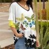 Lily | White & Green Butterflies Layered Half-Sleeve V-Neck Tunic - Plus