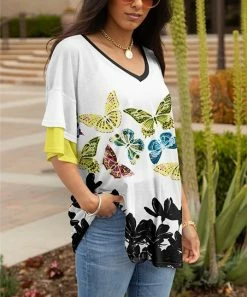 Lily | White & Green Butterflies Layered Half-Sleeve V-Neck Tunic - Plus
