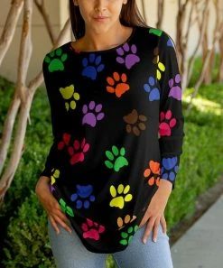 Lily | Black & Purple Paw Prints Three-Quarter Sleeve Crewneck Tunic - Women