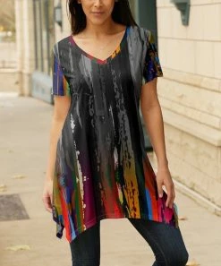 Lily | Gray & Purple Abstract V-Neck Handkerchief Tunic - Women