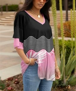 Lily | Black & Pink Wavy Stripe Layered Half-Sleeve V-Neck Tunic - Women