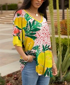 Lily | Yellow & Green Foliage Floral Layered Half-Sleeve V-Neck Tunic - Plus