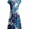 Lily | Blue & White Tropical Leaf Cap-Sleeve A-Line Dress - Women