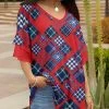 Lily | Red & Blue Patchwork V-Neck Bell-Sleeves Tunic - Plus