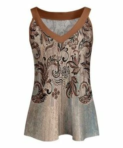 Lily | Beige & Brown Swirl V-Neck Yoke Tank - Plus