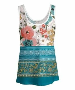 Lily | Teal & Pink Floral Stripe Scoop Neck Tank - Plus