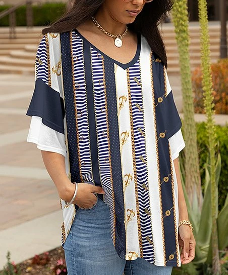 Lily | Navy & White Stripe V-Neck Bell-Sleeves Tunic - Plus 1 Lily | Navy & White Stripe V-Neck Bell-Sleeves Tunic - Plus