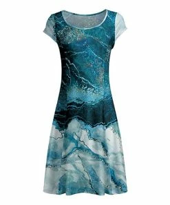 Lily | Blue & Aqua Marbled Cap-Sleeve Dress - Women