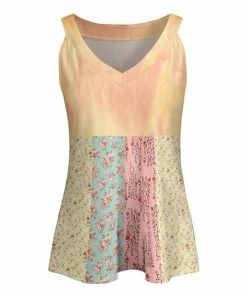 Lily | Yellow & Pink Floral Patchwork V-Neck Yoke Tank - Women
