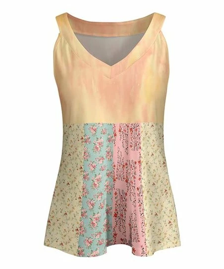 Lily | Yellow & Pink Floral Patchwork V-Neck Yoke Tank - Women 1 Lily | Yellow & Pink Floral Patchwork V-Neck Yoke Tank - Women