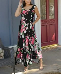 Lily | Black & Pink Floral Pocket Sleeveless Shift Maxi Dress - Women