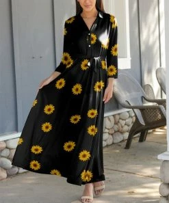 Lily | Black & Gold Sunflower Tie-Waist Maxi Shirt Dress - Women