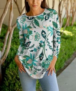 Lily | White & Green Floral Long-Sleeve Tunic - Plus