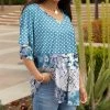 Lily | Blue & White Polka Dot Patchwork Ruffle-Sleeve V-Neck Tunic - Plus